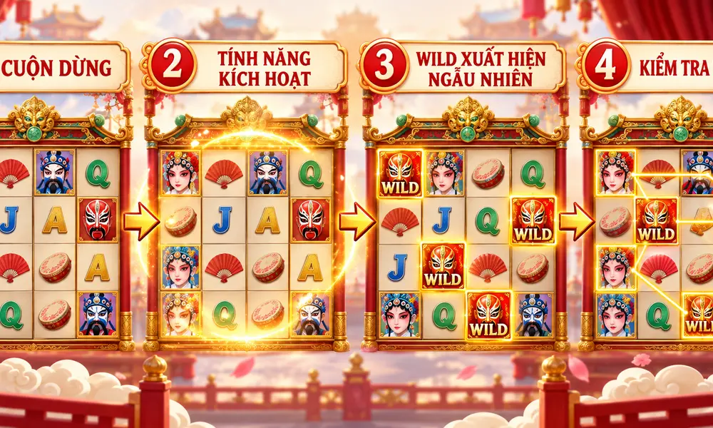 Bốn bước mô tả cách Random Wild hoạt động trong game slot